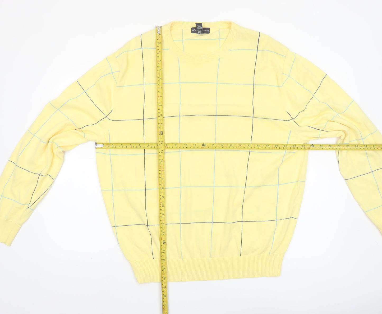 Grant Thomas Men's Yellow Checked Cotton Pullover Jumper XL