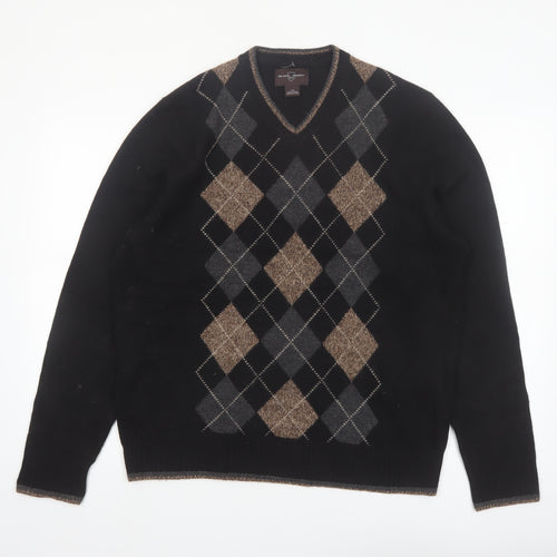 Black Brown 1826 Men's Black Argyle V-Neck Wool Jumper Size L