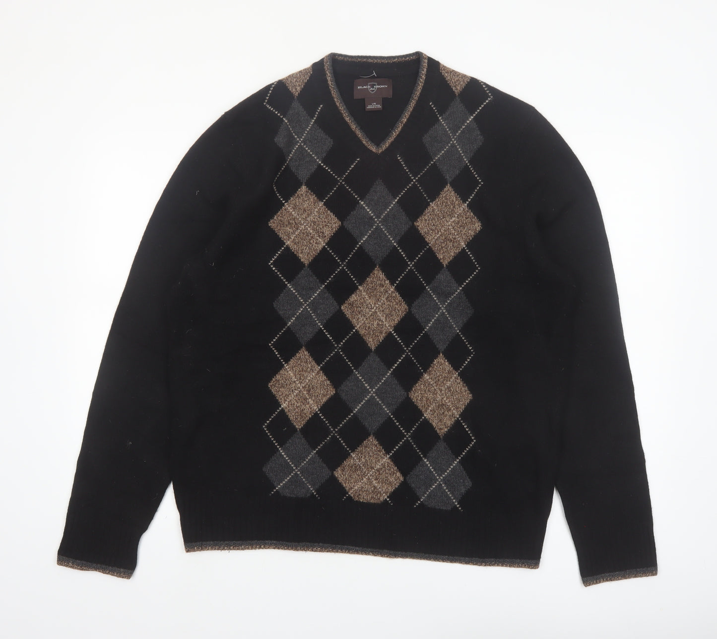 Black Brown 1826 Men's Black Argyle V-Neck Wool Jumper Size L