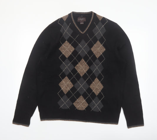 Black Brown 1826 Men's Black Argyle V-Neck Wool Jumper Size L