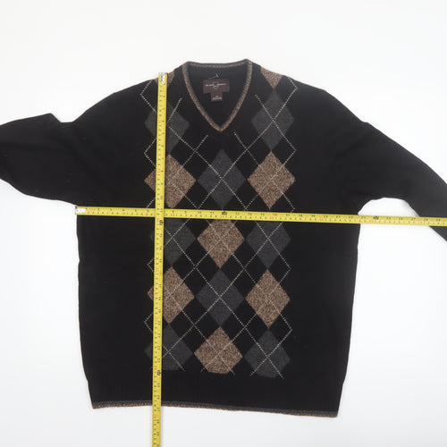 Black Brown 1826 Men's Black Argyle V-Neck Wool Jumper Size L