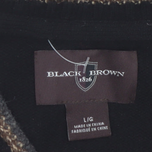 Black Brown 1826 Men's Black Argyle V-Neck Wool Jumper Size L