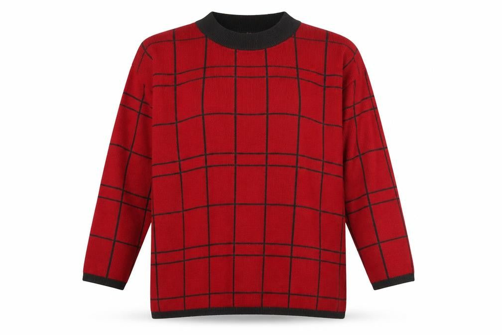 Front view of Karen Lessly Women's Red Black Check Jumper, size S, Acrylic Knit