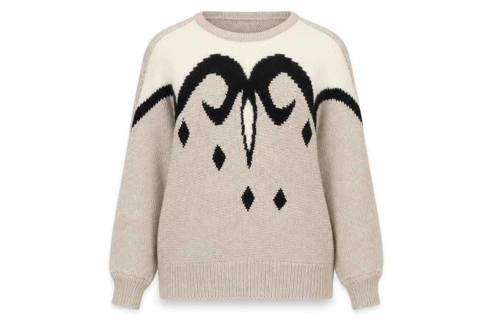 Front view of Malina Wong women’s beige geometric knit jumper, size UK 12