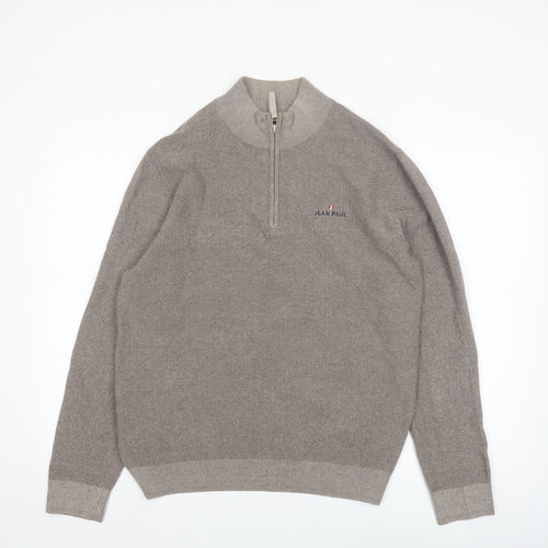 Jean Paul Men Beige L 1/2 Zip Cotton Knit Jumper