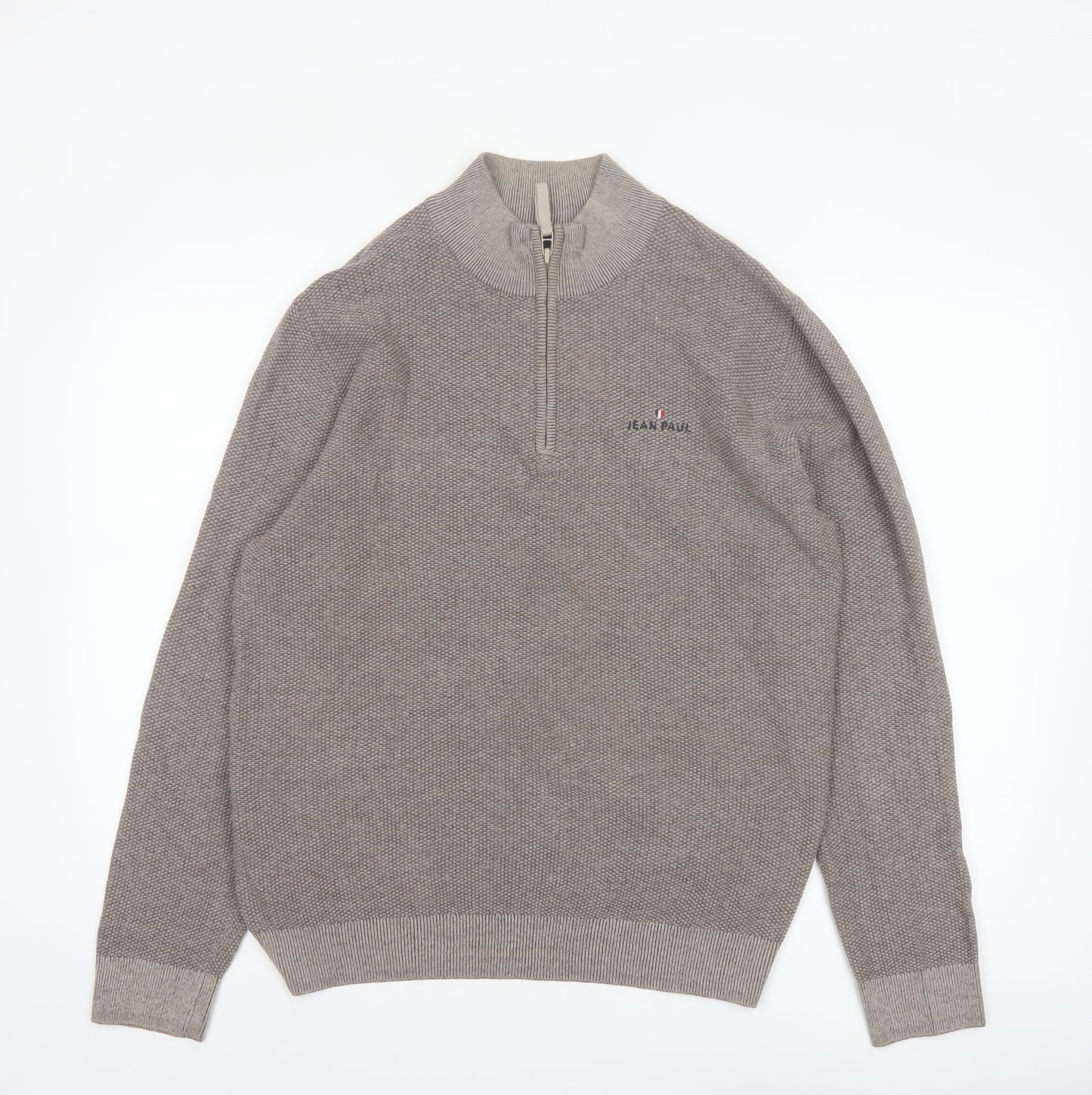 Jean Paul Men Beige L 1/2 Zip Cotton Knit Jumper