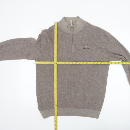 Jean Paul Men Beige L 1/2 Zip Cotton Knit Jumper
