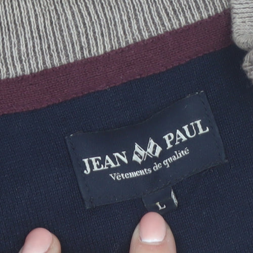 Jean Paul Men Beige L 1/2 Zip Cotton Knit Jumper