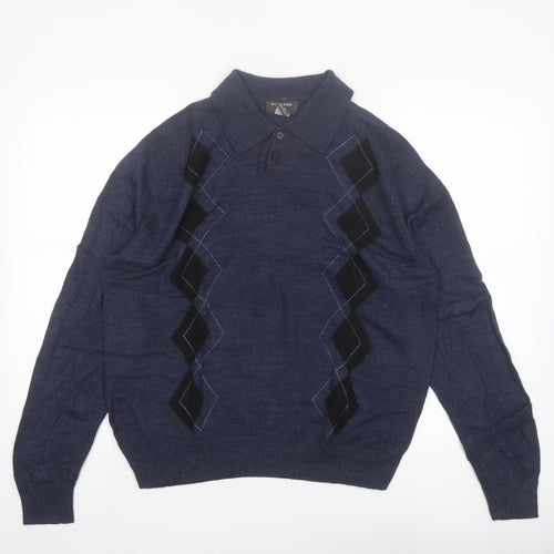 Dockers Men's Blue Argyle Collared Henley Jumper Size M