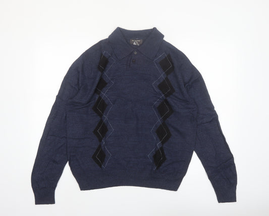 Dockers Men's Blue Argyle Collared Henley Jumper Size M
