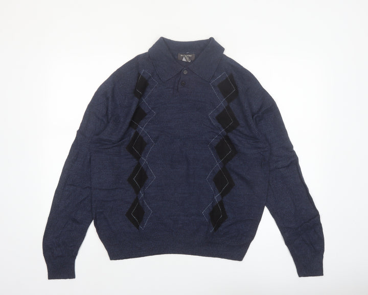 Dockers Men's Blue Argyle Collared Henley Jumper Size M