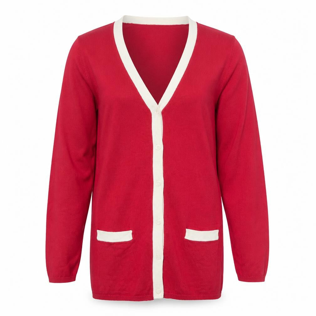 Front view of Chadwick's Women's Red V-Neck Long Sleeve Cardigan, size L