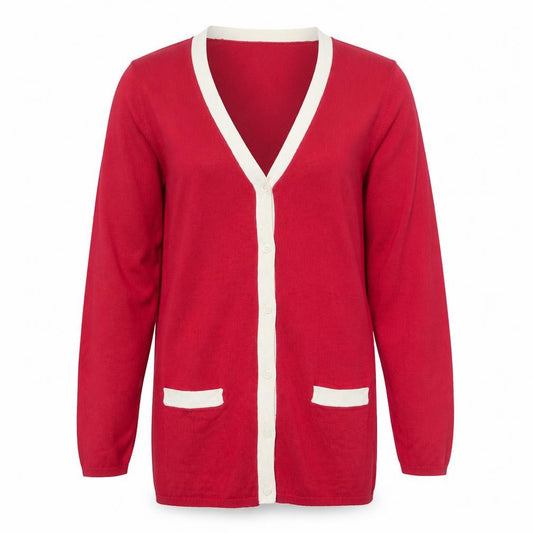 Front view of Chadwick's Women's Red V-Neck Long Sleeve Cardigan, size L