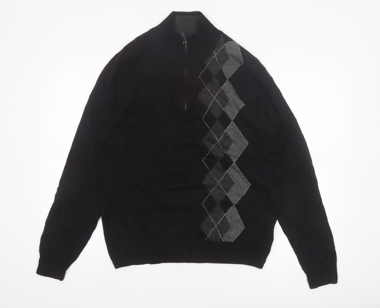 Tricots St Raphael Men’s Black Argyle 1/2 Zip High Neck Jumper Size L