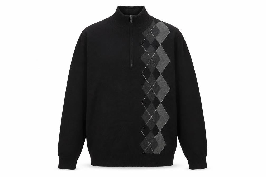 Front view of Tricots St Raphael Men’s Black Argyle 1/2 Zip High Neck Jumper, size L