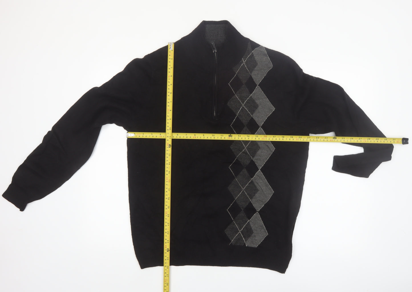 Tricots St Raphael Men’s Black Argyle 1/2 Zip High Neck Jumper Size L