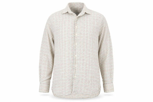 Front view of William Powell Men's Beige Check Cotton Long Sleeve Button-Up Shirt, size 16