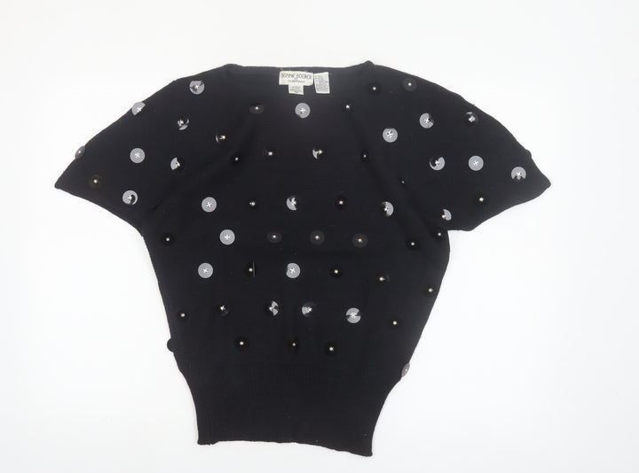 Bonnie Boerer Women Black S Short Sleeve Sequin Silk Angora Jumper