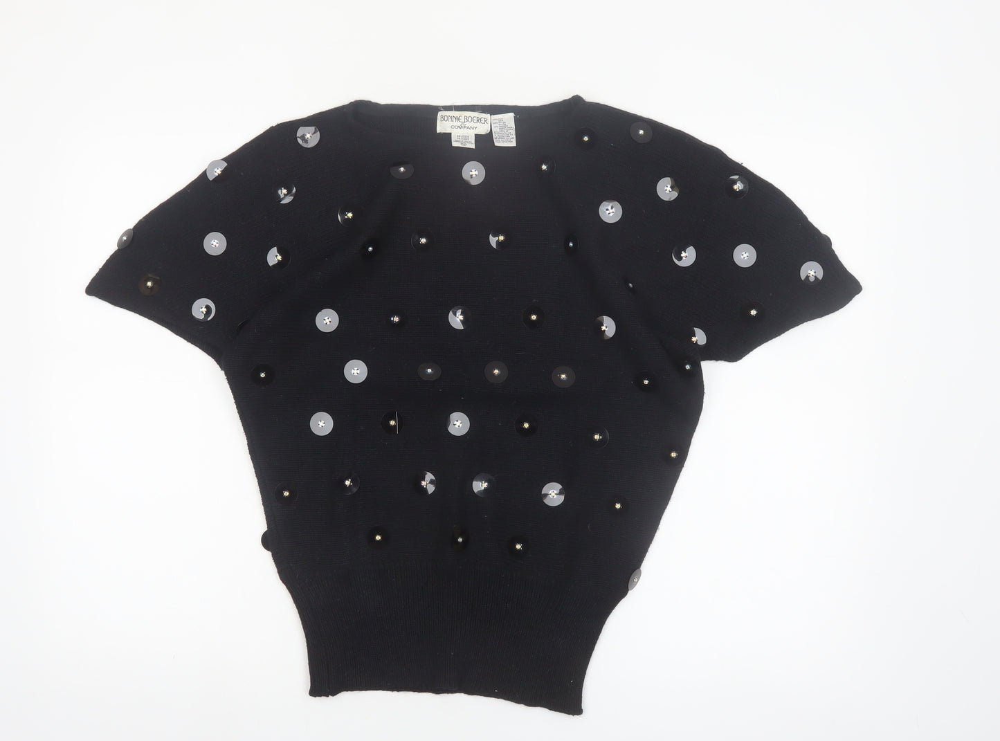 Bonnie Boerer Women Black S Short Sleeve Sequin Silk Angora Jumper