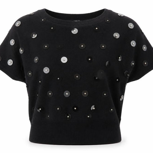Bonnie Boerer Women Black S Short Sleeve Sequin Silk Angora Jumper