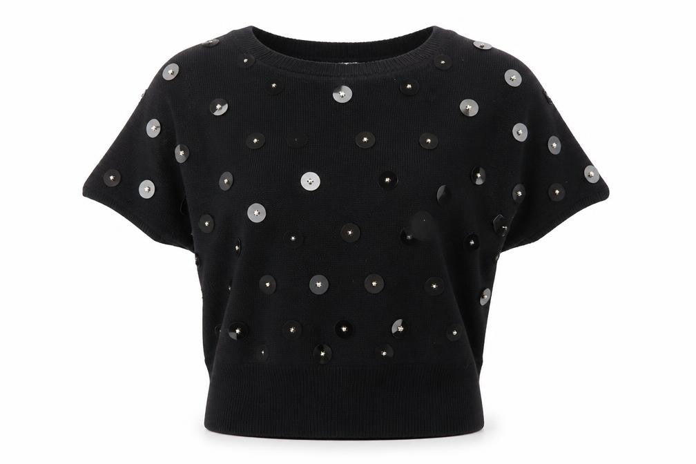 Bonnie Boerer Women Black S Short Sleeve Sequin Silk Angora Jumper