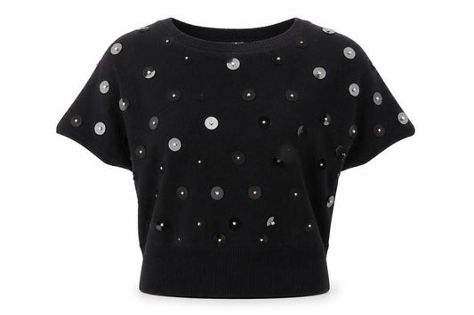 Front view of Bonnie Boerer Women Black S Short Sleeve Sequin Silk Angora Jumper