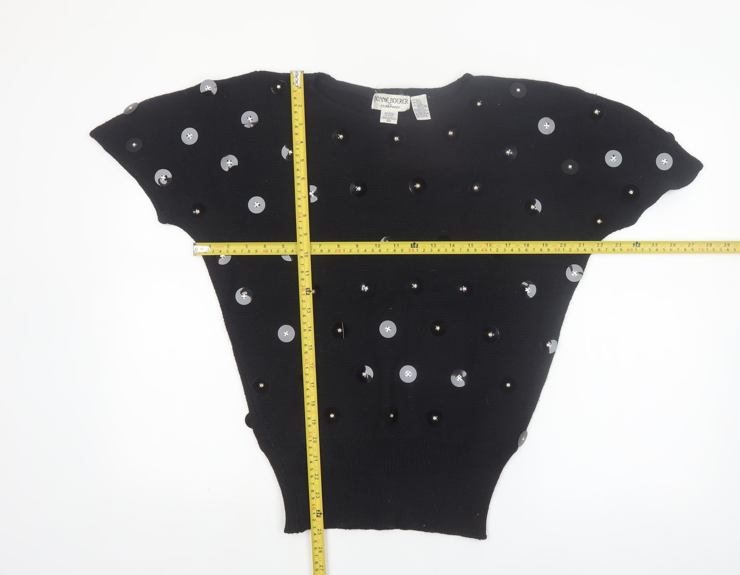 Bonnie Boerer Women Black S Short Sleeve Sequin Silk Angora Jumper