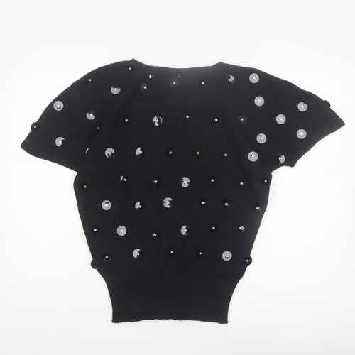 Bonnie Boerer Women Black S Short Sleeve Sequin Silk Angora Jumper