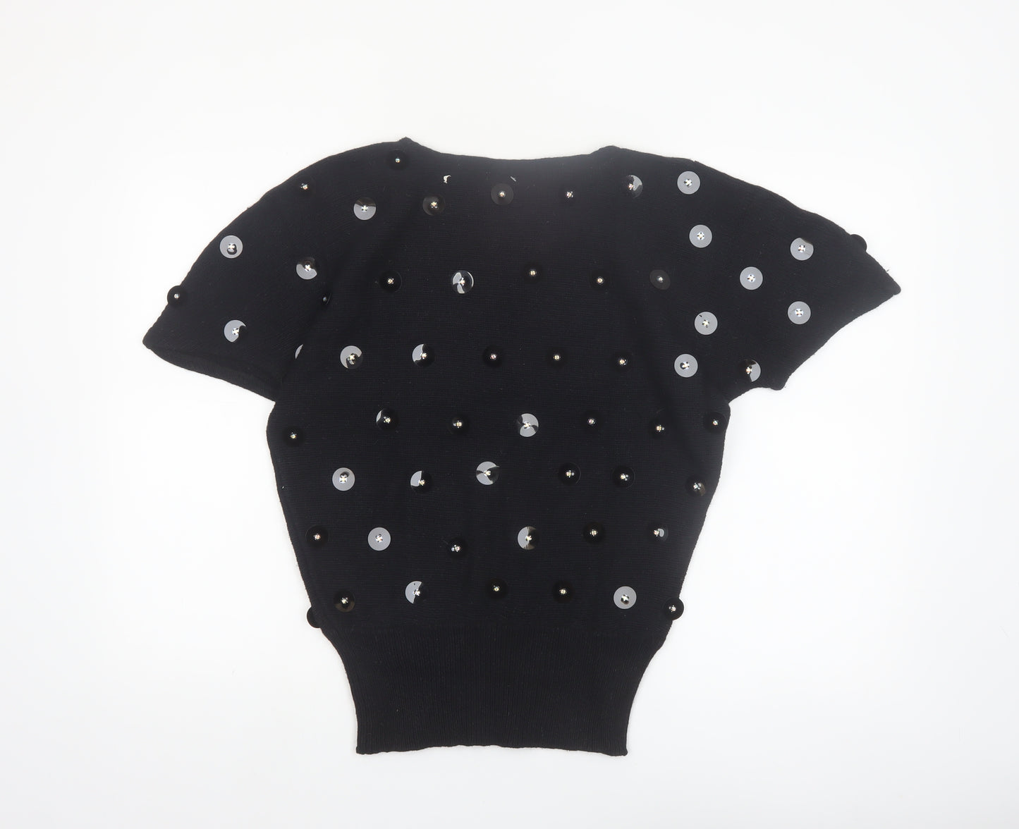 Bonnie Boerer Women Black S Short Sleeve Sequin Silk Angora Jumper