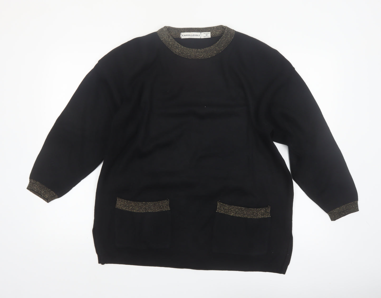 Karen Lessly Womens Black Gold Trim Acrylic Knit Pullover Jumper M