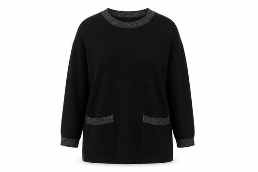 Front view of Karen Lessly women’s black gold trim acrylic knit jumper m
