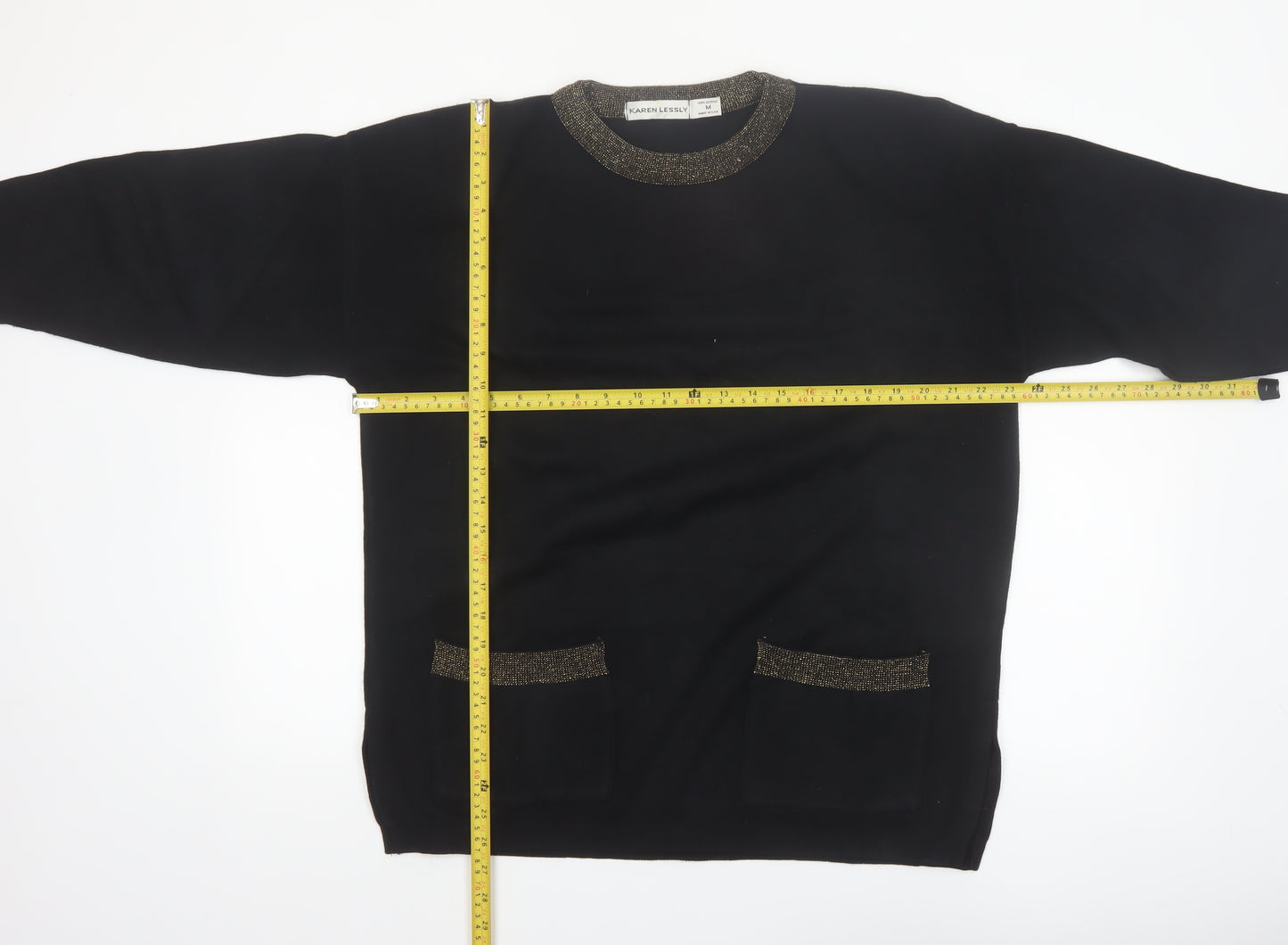 Karen Lessly Womens Black Gold Trim Acrylic Knit Pullover Jumper M