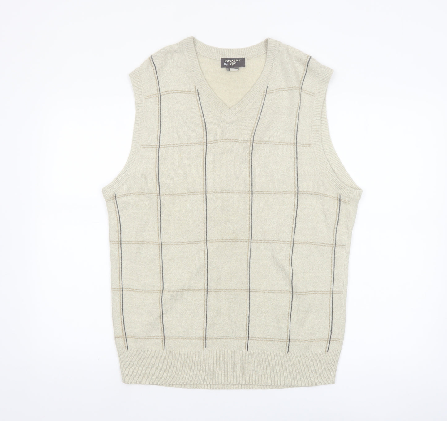 Dockers Men Beige Check Knit Acrylic Sleeveless V-Neck Vest M