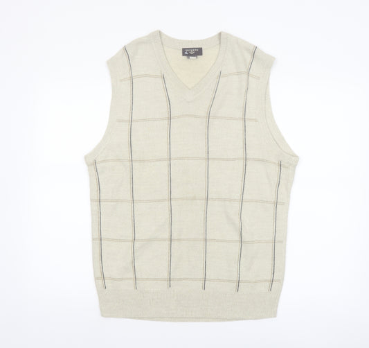 Dockers Men Beige Check Knit Acrylic Sleeveless V-Neck Vest M