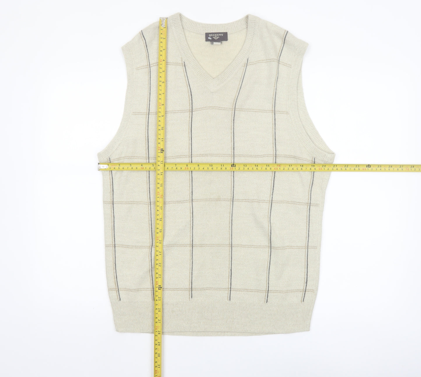 Dockers Men Beige Check Knit Acrylic Sleeveless V-Neck Vest M