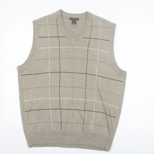 Dockers Mens Beige Check Knit Acrylic V-Neck Jumper Vest L