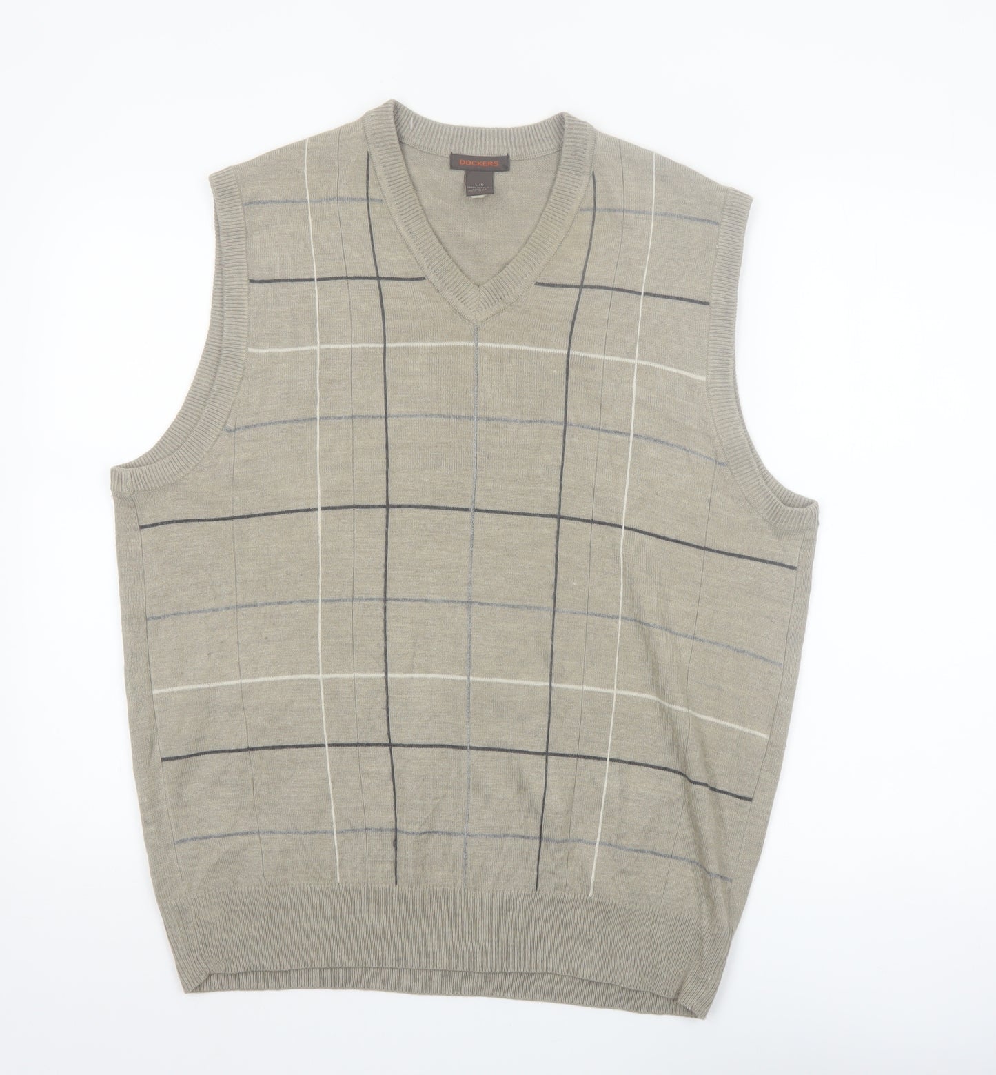 Dockers Mens Beige Check Knit Acrylic V-Neck Jumper Vest L