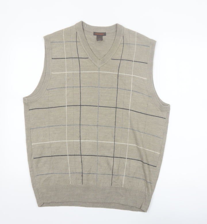 Dockers Mens Beige Check Knit Acrylic V-Neck Jumper Vest L