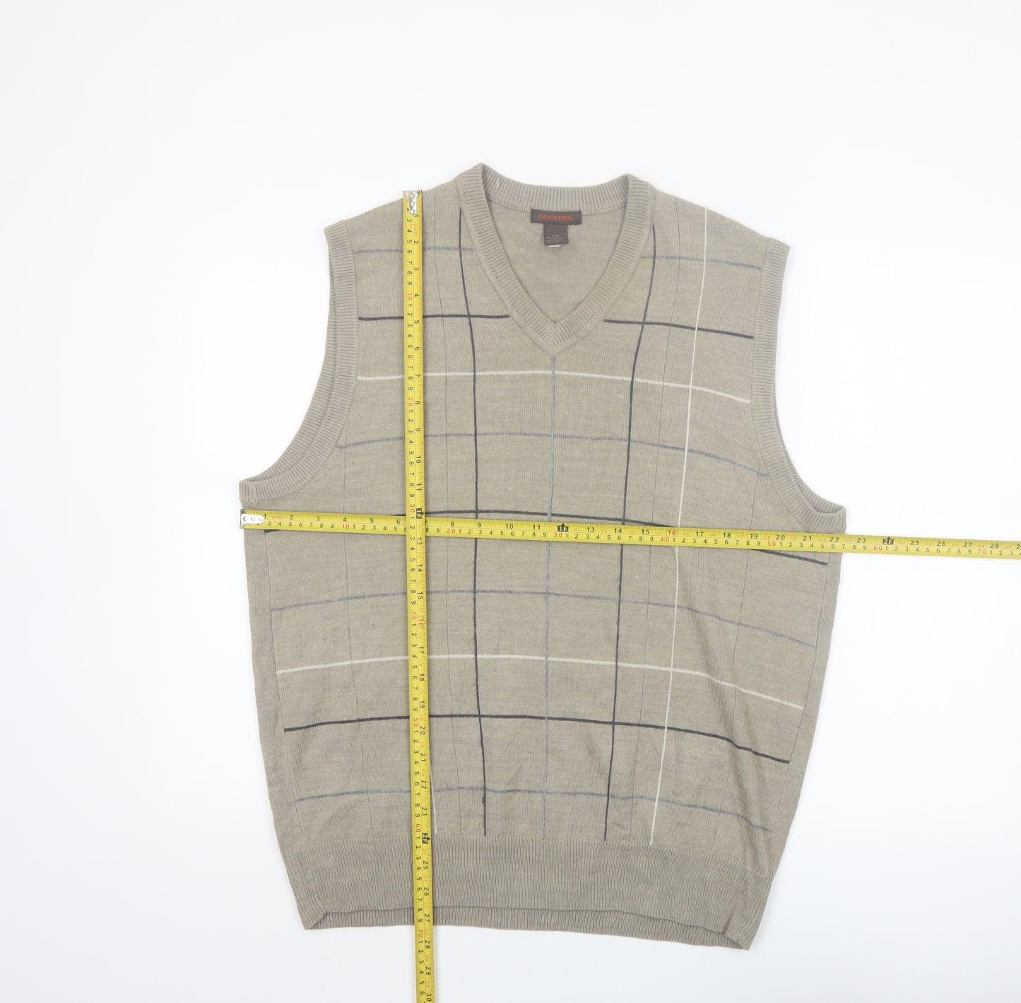 Dockers Mens Beige Check Knit Acrylic V-Neck Jumper Vest L