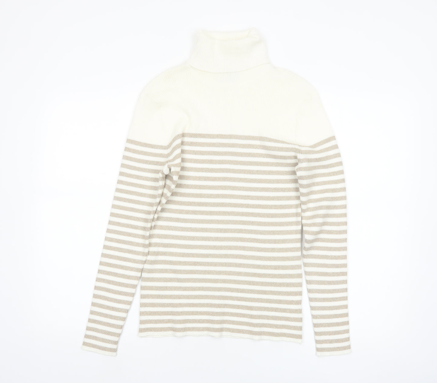 Liz Claiborne Women Beige Striped Roll Neck Jumper M Cotton Blend