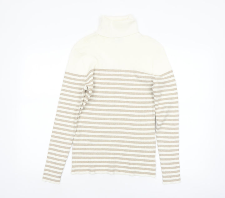 Liz Claiborne Women Beige Striped Roll Neck Jumper M Cotton Blend