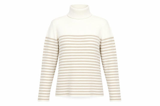Front view of Liz Claiborne Women Beige Striped Roll Neck Jumper M Cotton Blend