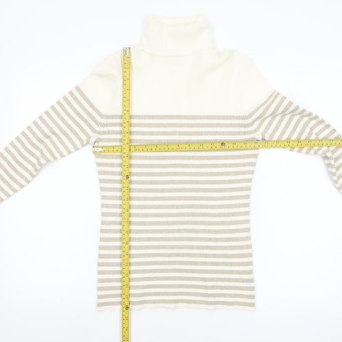 Liz Claiborne Women Beige Striped Roll Neck Jumper M Cotton Blend