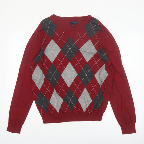 Croft & Barrow Men’s Red Argyle V-Neck Cotton Blend Jumper M