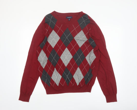 Croft & Barrow Men’s Red Argyle V-Neck Cotton Blend Jumper M