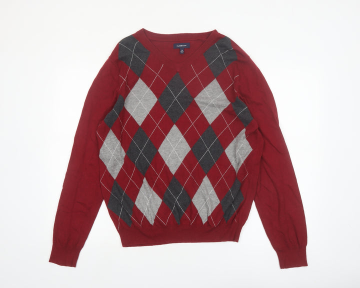 Croft & Barrow Men’s Red Argyle V-Neck Cotton Blend Jumper M