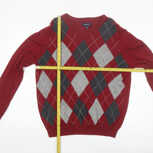 Croft & Barrow Men’s Red Argyle V-Neck Cotton Blend Jumper M