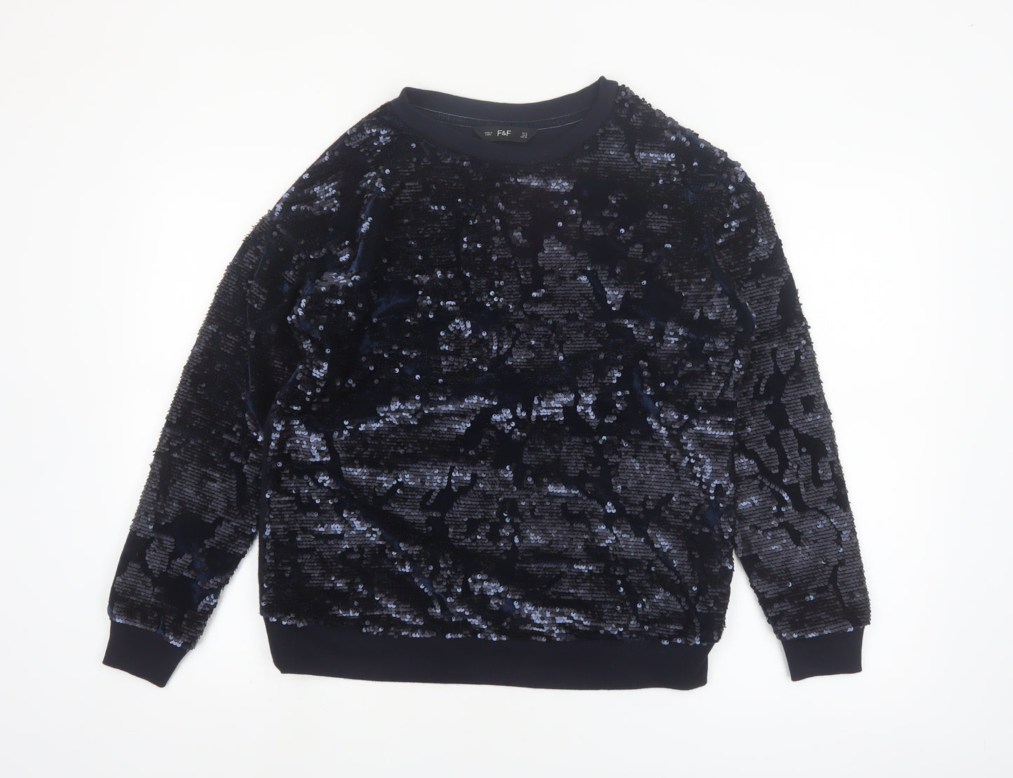 F&F Women’s Navy Sequin Pullover Sweatshirt UK 12 Velvet Party Style