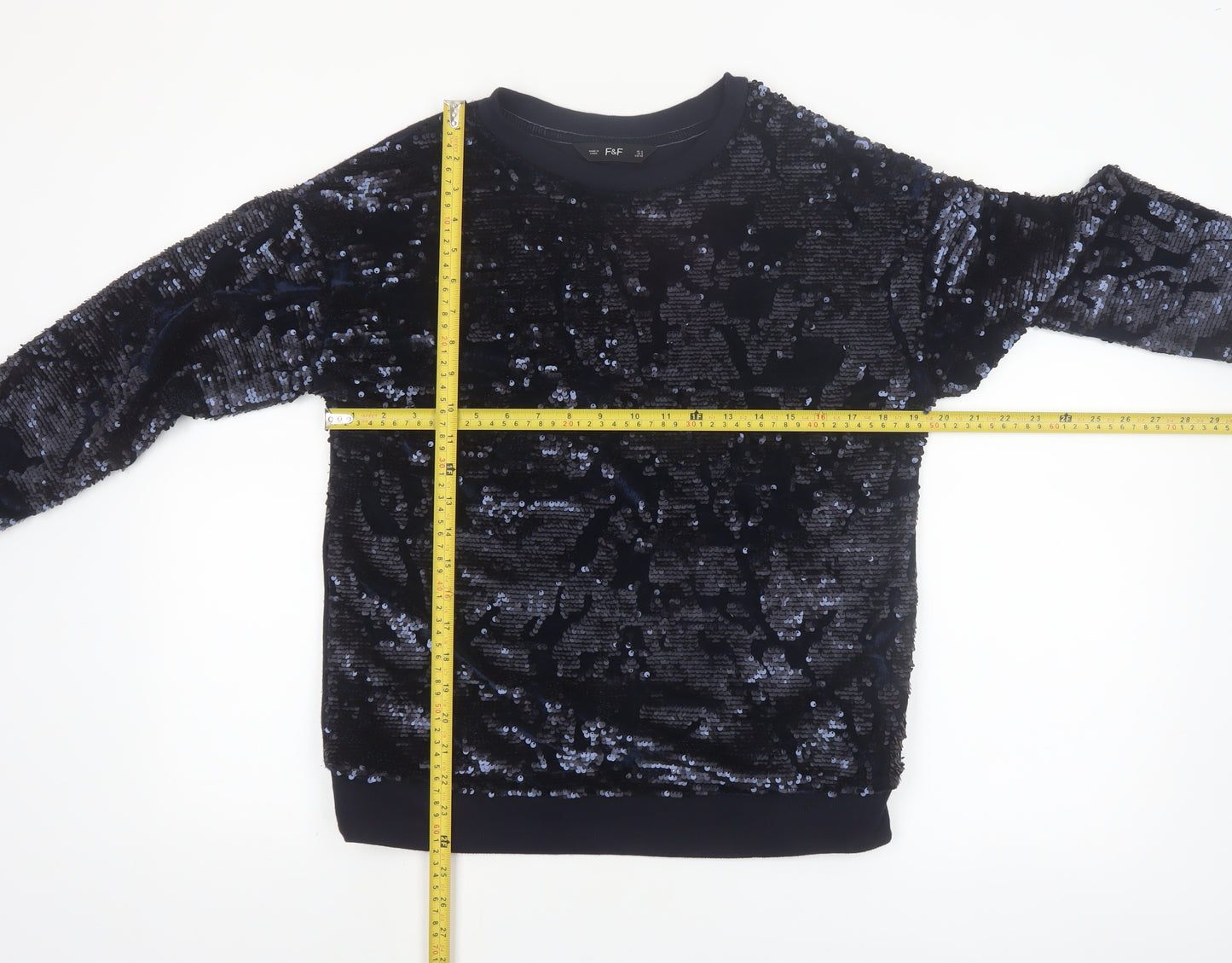 F&F Women’s Navy Sequin Pullover Sweatshirt UK 12 Velvet Party Style