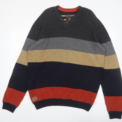 Point Zero Men’s Multicoloured XL Henley Striped Cotton Jumper